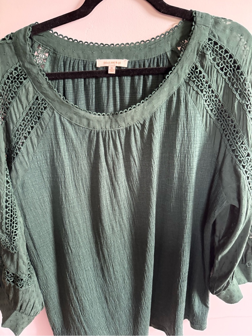 Skies Are Blue Green Crochet-Detail Peasant Blouse
